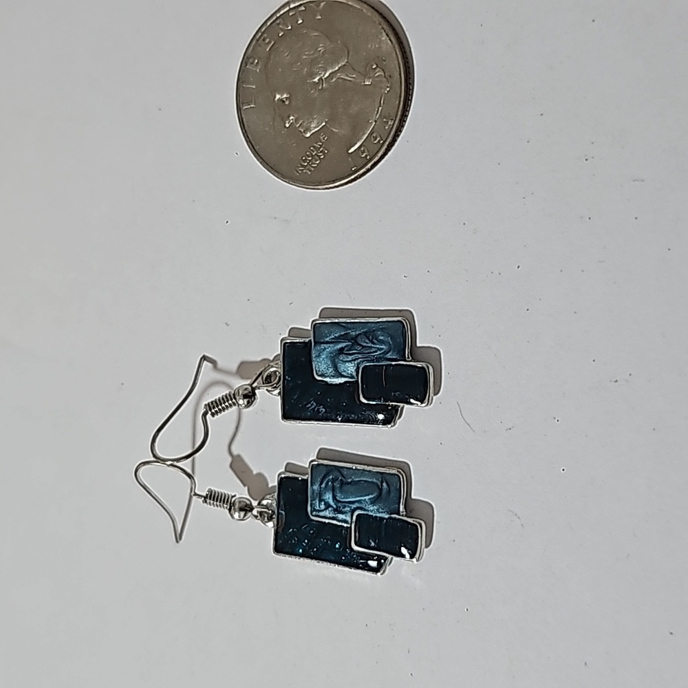 Silver tone and blue rectangle dangle earrings